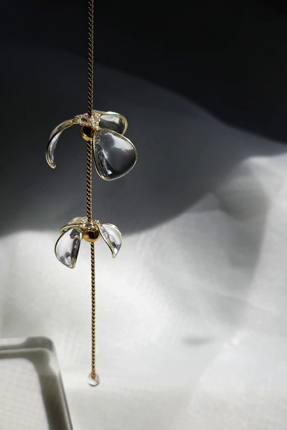 Clear flower drop earring with gold accent, MEIKA gold long drop.