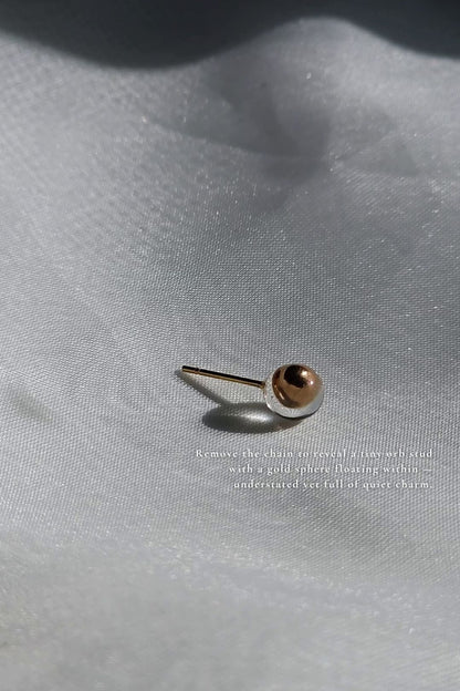 Golden orb stud from clear flower drop earring, MEIKA gold long drop, on a flat surface with details.