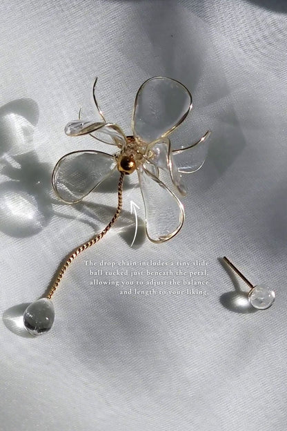 Clear floral drop with gold accent, MEIKA gold short drop, on a flat surface with details explanation.