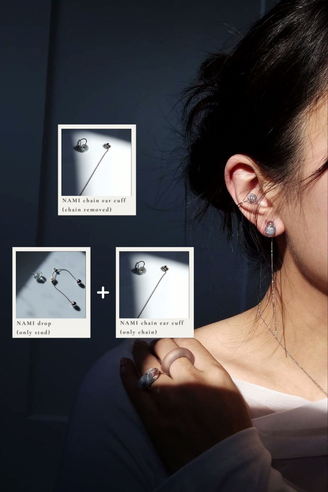 Model wearing NAMI chain ear cuf with the chain part removed, styled with NAMI multiway drop with the detached chain from NAMI chain ear cuff.