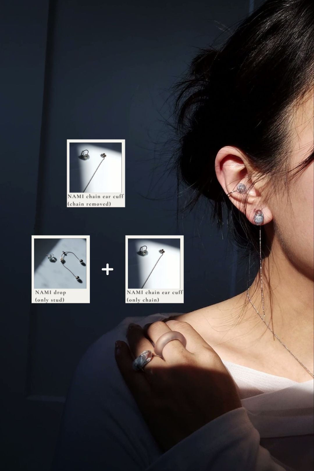 Model wearing NAMI chain ear cuf with the chain part removed, styled with NAMI multiway drop with the detached chain from NAMI chain ear cuff.