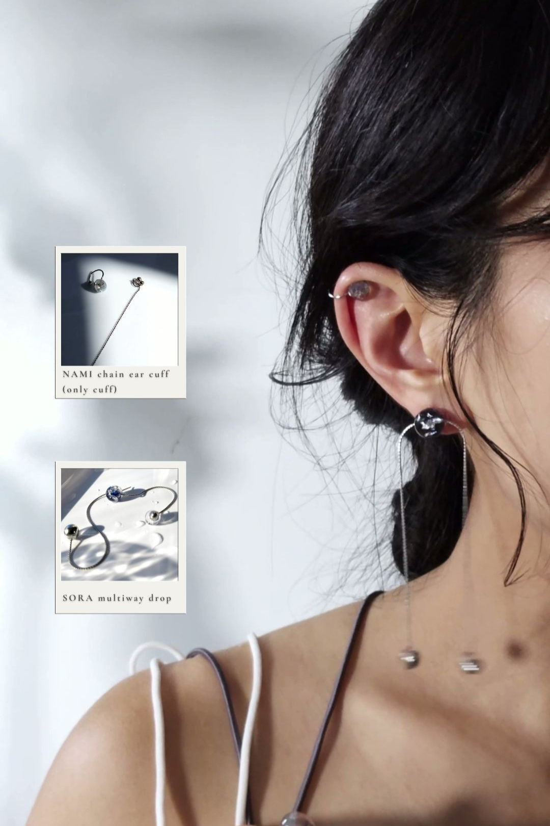 Model wearing NAMI multiway chain ear cuff with the chain removed on helix, paired with SORA multiway drop, featuring hand-blended blue orb.