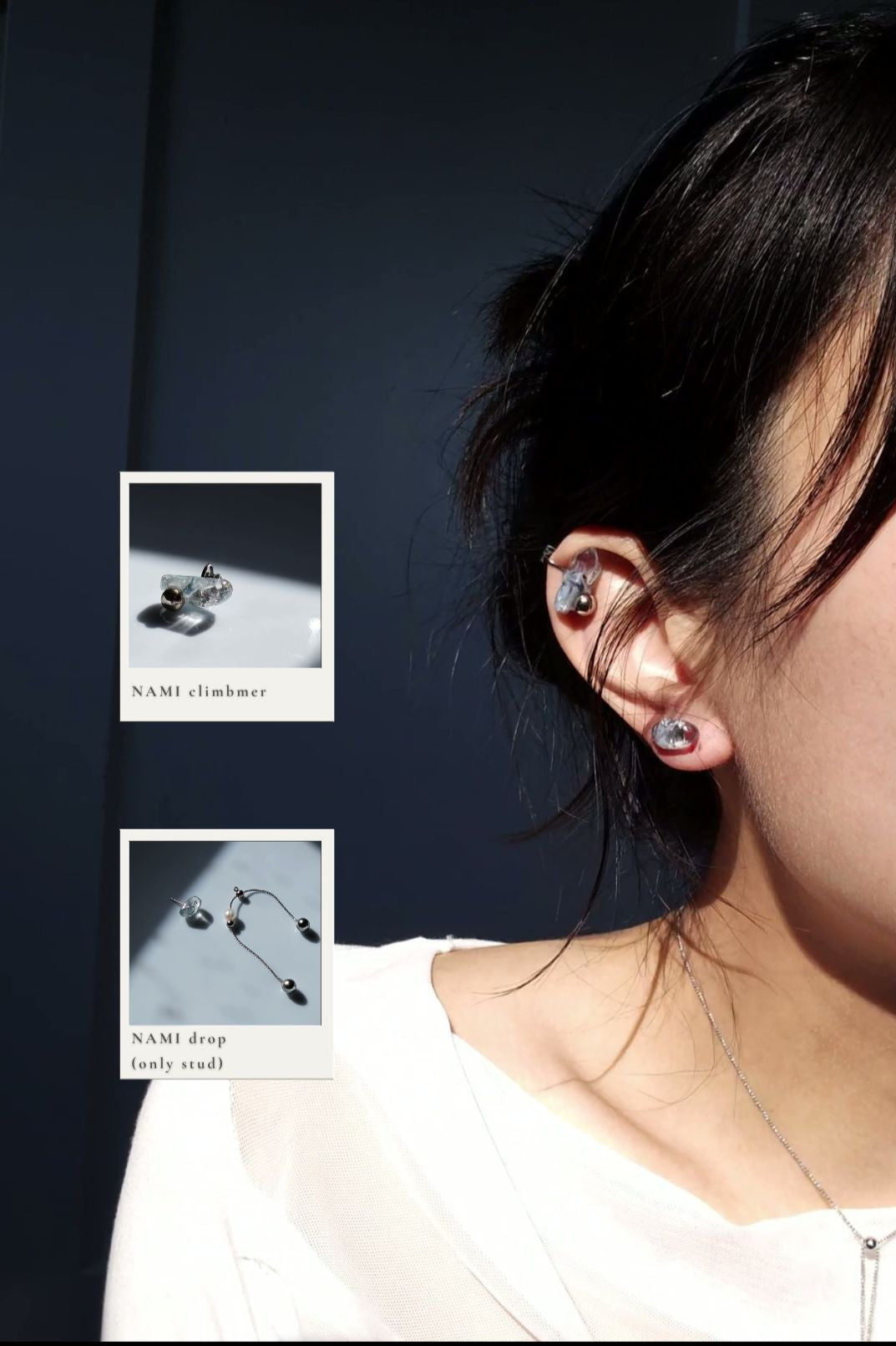 Model wearing NAMI ear climber on helix, paired with the stud part of NAMI multiway drop.