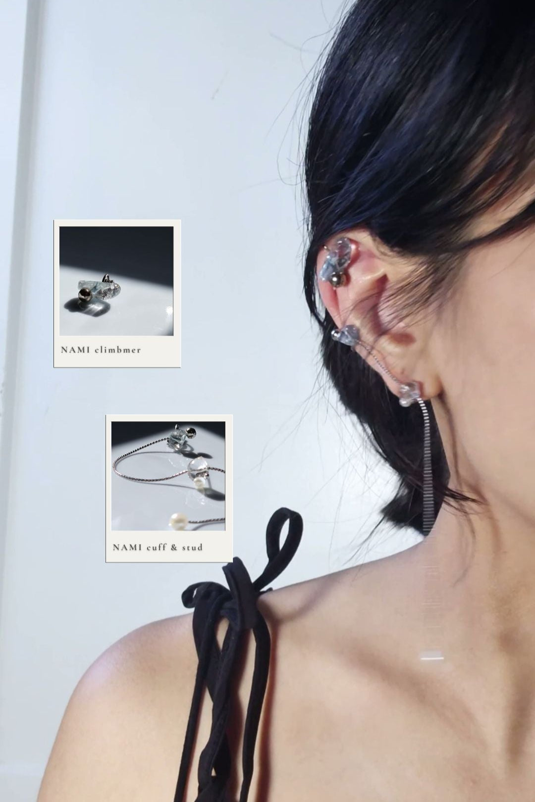 Model wearing NAMI climber paired with NAMI cuff & stud, both featuring signiture silvery blue grey hand-crafted stones.