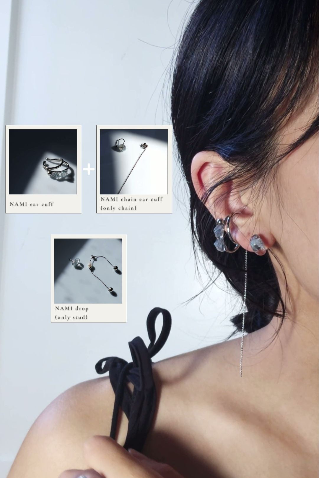 Model wearing NAMI teardrop silver ear cuff, featuring hand-blended silvery blue grey stones, with the chain from NAMI multiway chain ear cuff, and the stud from NAMI multiway drop on earlobe.