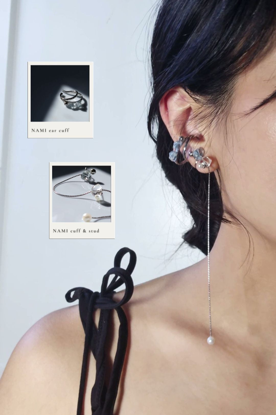 Model wearing NAMI ear cuff, teardrop shaped earcuff with handblended silvery blue grey stones, with NAMI mutliway cuff & stud.