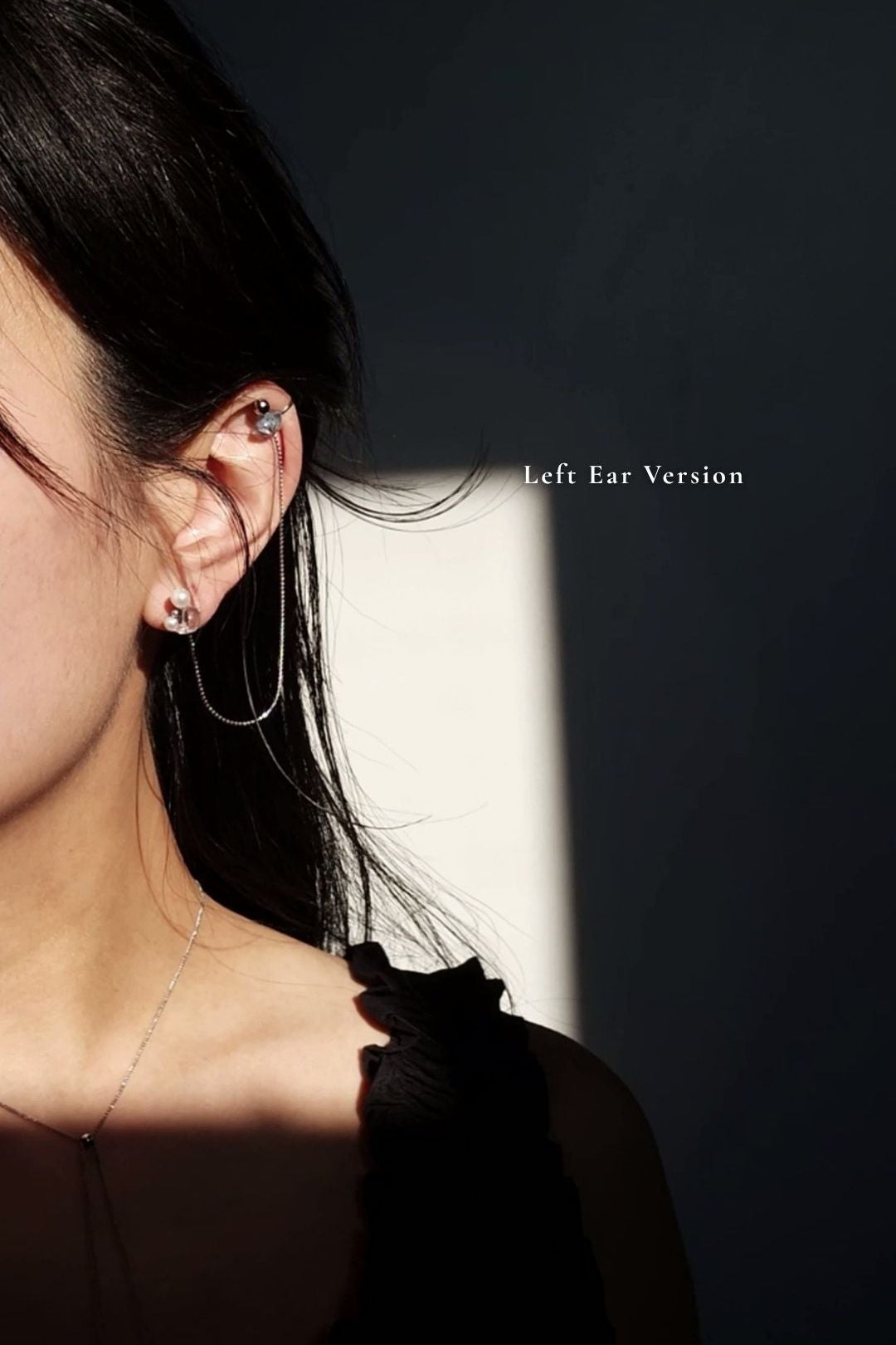 Model wearing mutliway cuff & stud, with the cuff part on helix and the stud part on earloben on a left ear.