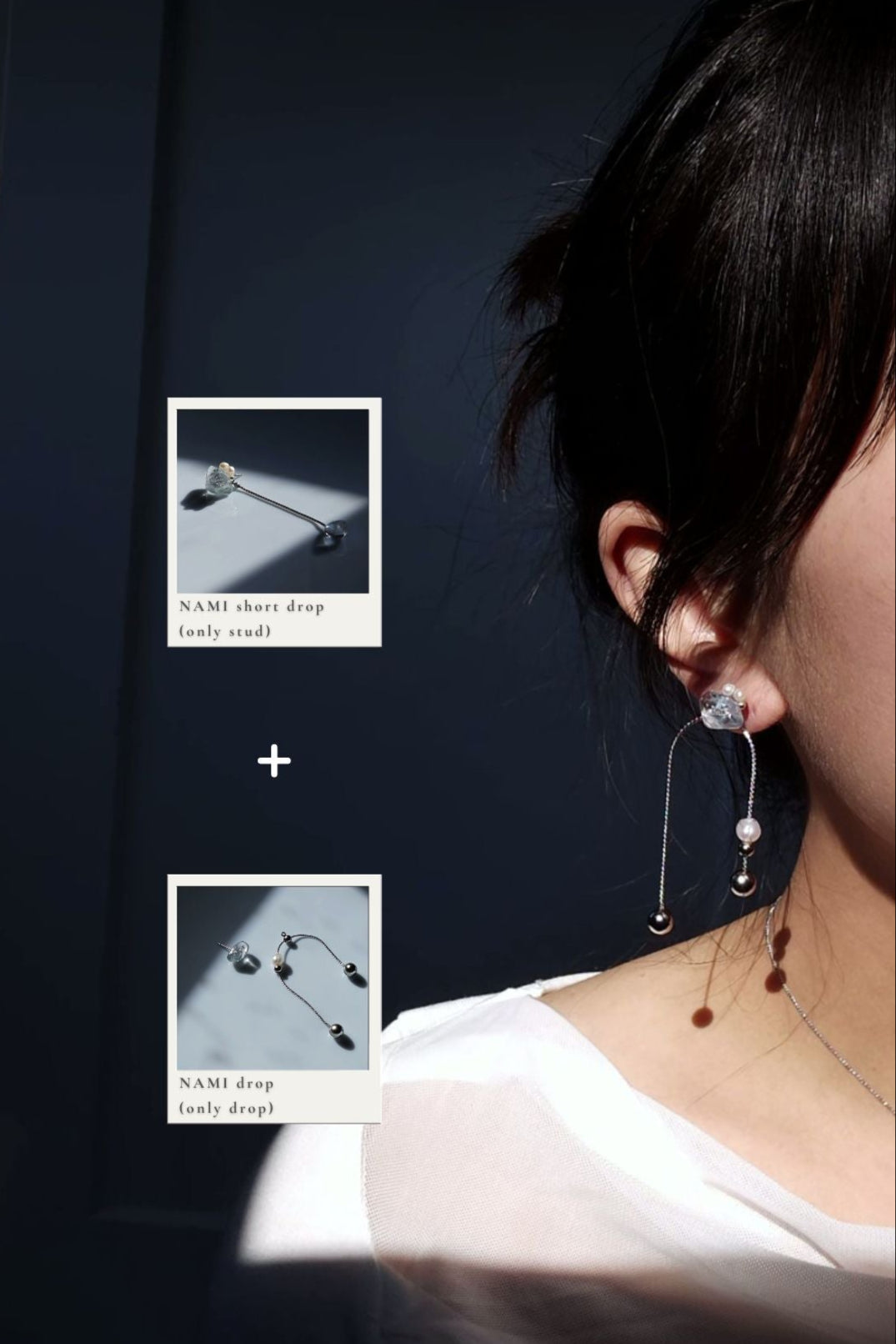 Model wearing NAMI short drop, featuring a detachable chain and pearl stud, with NAMI multiway drop, a drop earring with detachable chain and adjustable freshwater pearl.