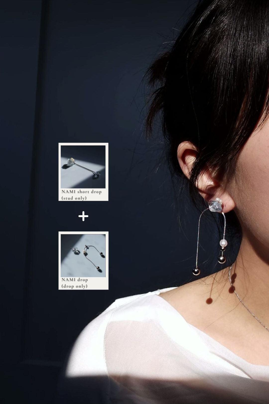Model wearing NAMI short drop, featuring a detachable chain and pearl stud, with NAMI multiway drop, a drop earring with detachable chain and adjustable freshwater pearl.