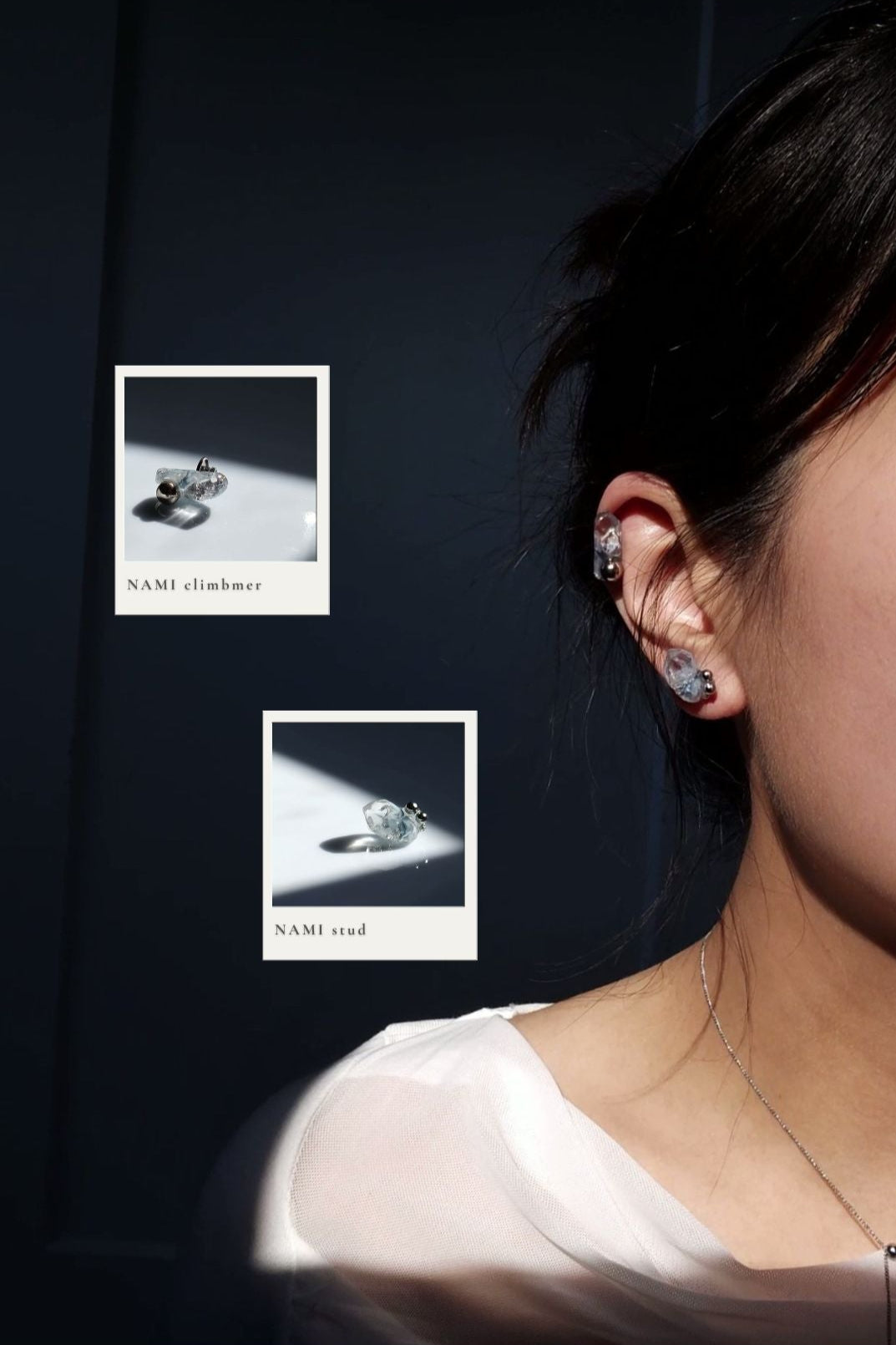 Model wearing NAMI ear climber on helix, paired with NAMI stud on earlobe.