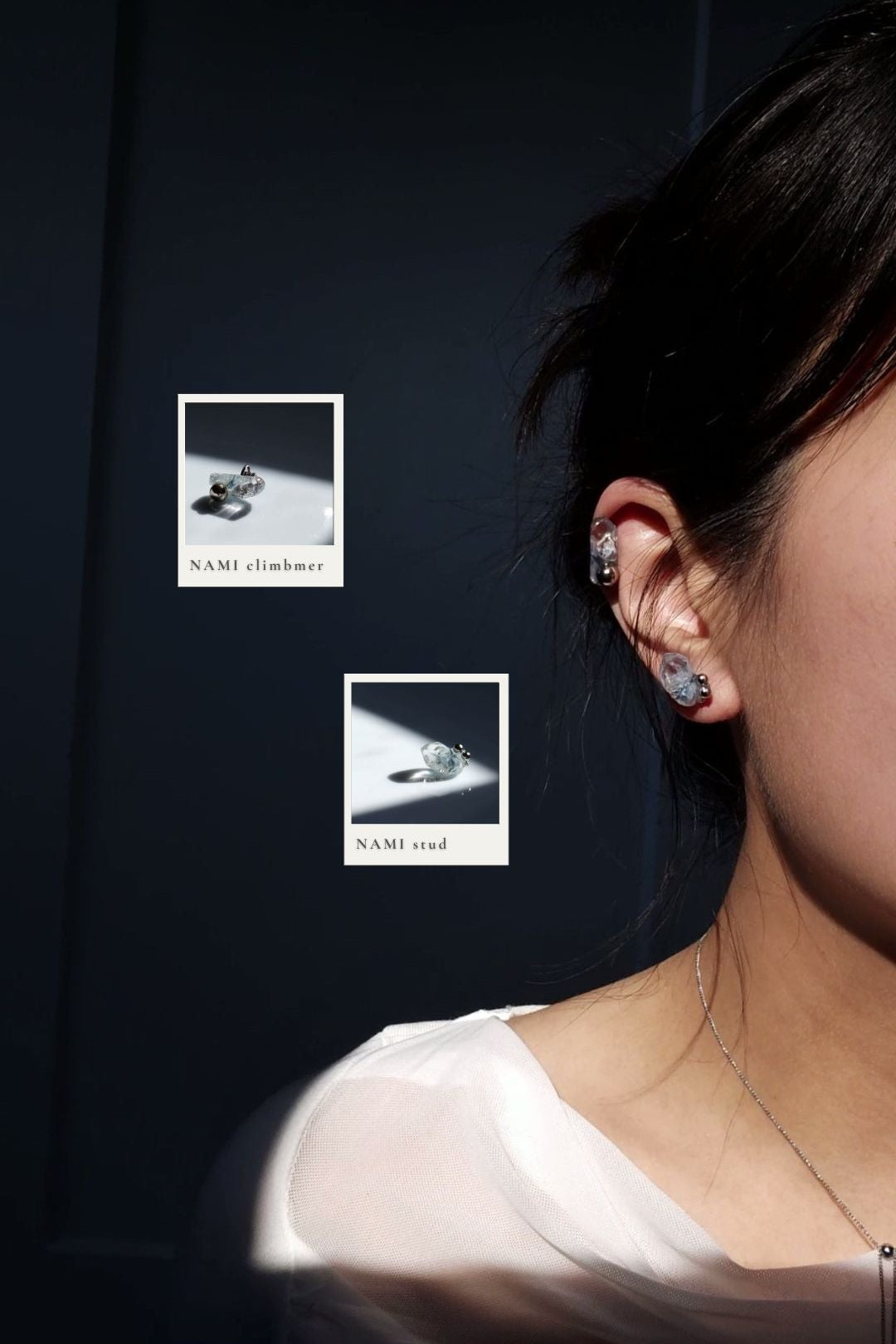 Model wearing NAMI ear climber on helix, paired with NAMI stud on earlobe.