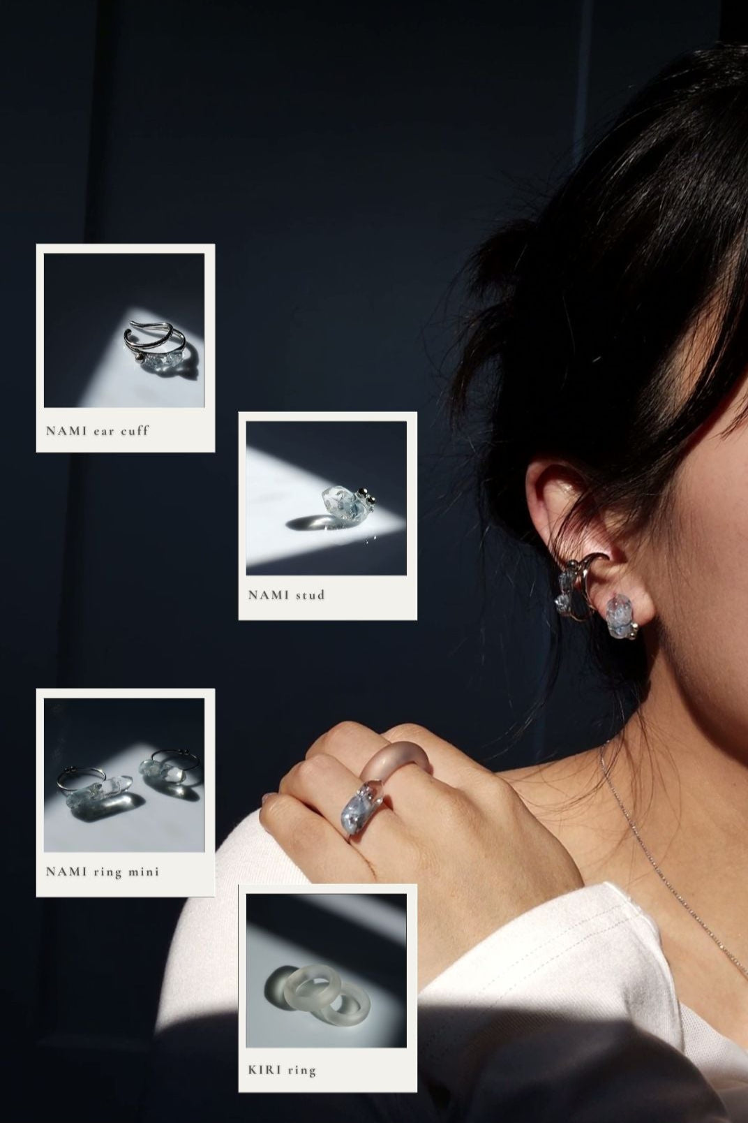 Person wearing NAMI teardrop silver ear cuff, featuring silvery blue grey stones with silver orb, paired with NAMI stud and KIRI frosty matte ring on the middle finger and NAMI mini ring on the ring finger.