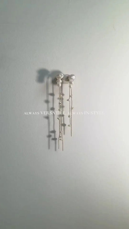 Hisen Asymmetrical Gold Chain & Pearl Strands Earrings Video