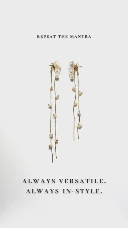 Hisen Asymmetrical Gold Chain & Pearl Strands Earrings Video 2