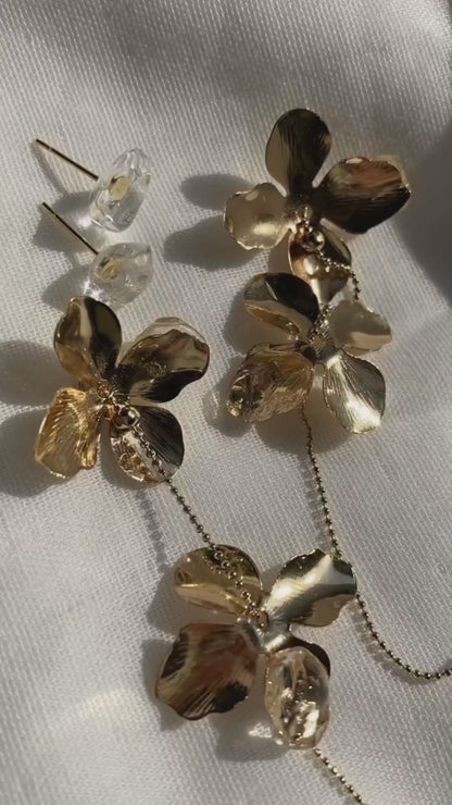 Shitatari Gold Chain Floral Earrings and Crystal Studs Video 3