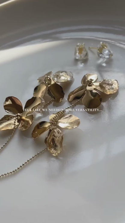 Shitatari Gold Chain Floral Earrings and Crystal Studs Video