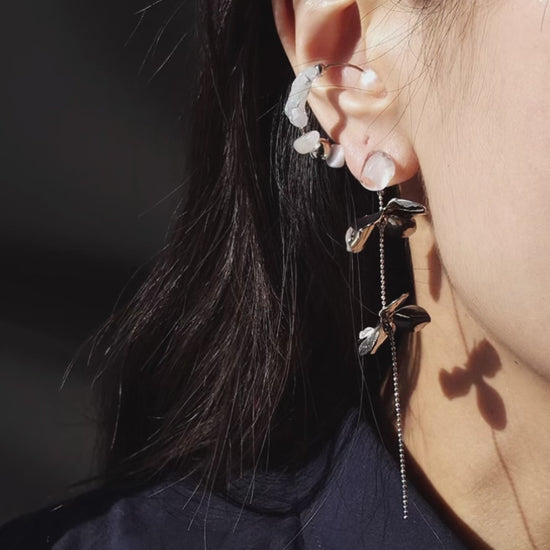silver floral drop earring with grey ear cuff