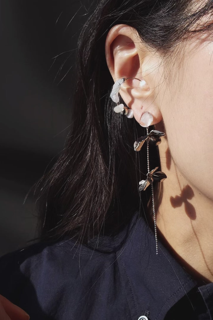silver floral drop earring with grey ear cuff