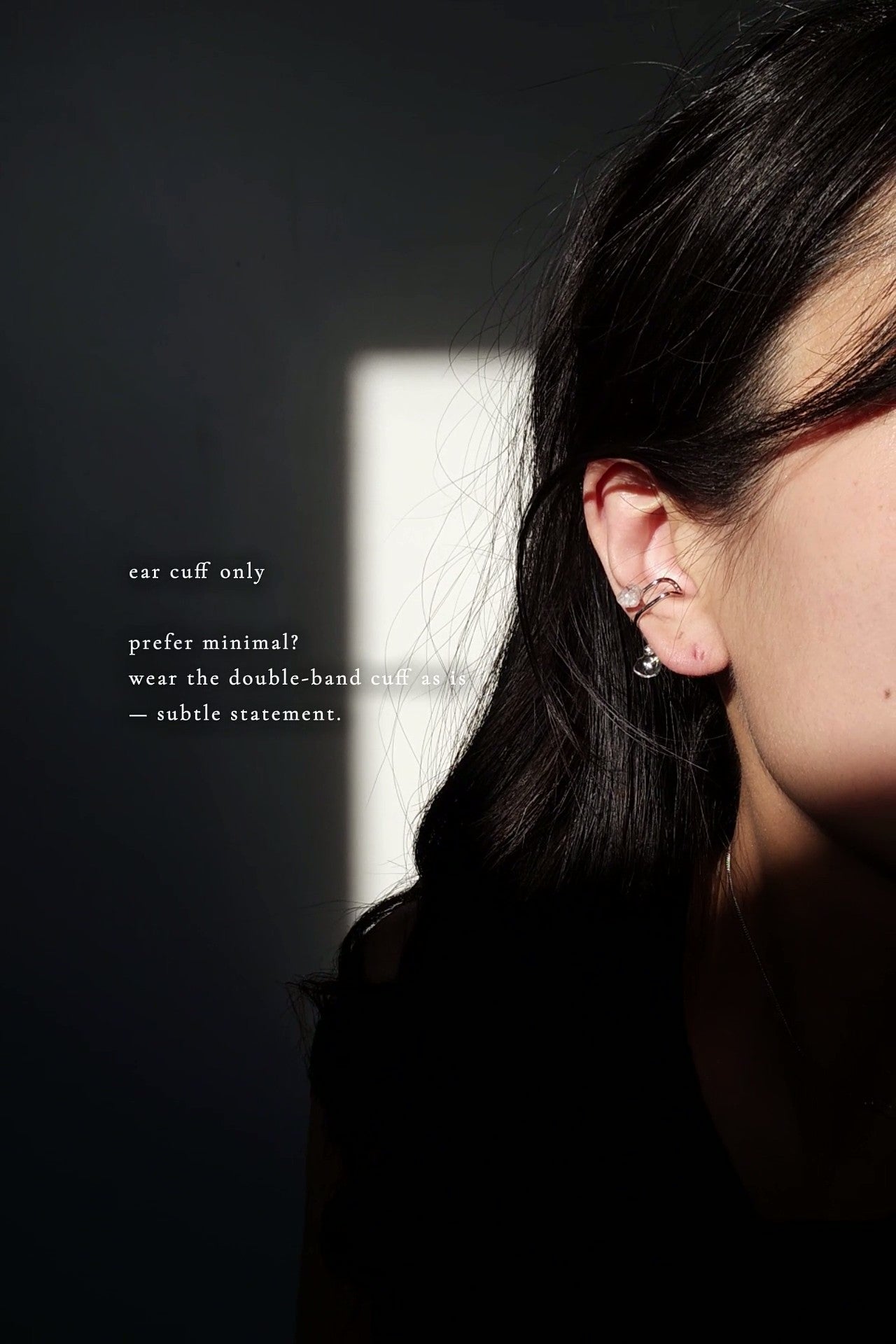 Close-up of a person wearing ONLY the ear cuff from the REI ear cuff & ring.
