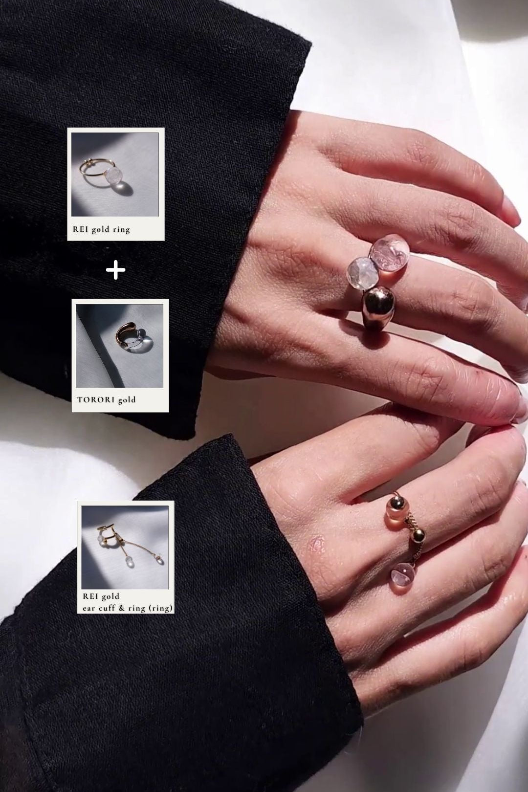 Left hand wearing REI icy orb gold ring stacked with TORORI gold sculptural ring on the middle finger, right hand wearing the chain ring from REI gold earcuff&ring on the middle finger