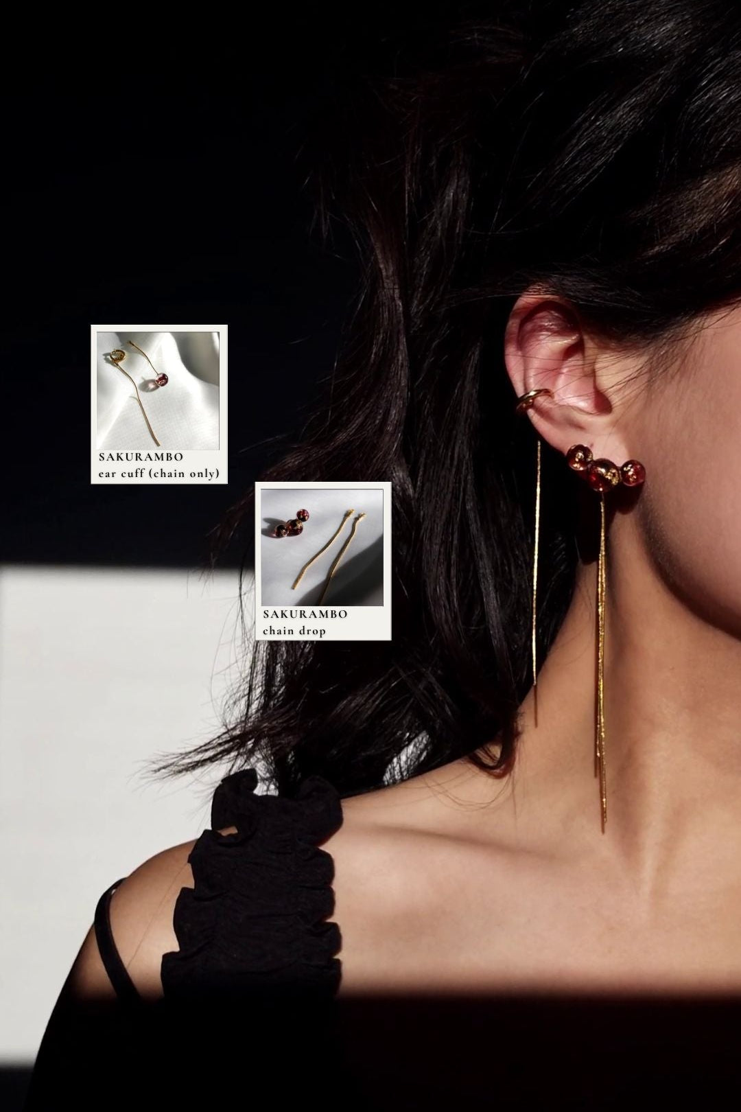 Model wearing 3 orb drop earring in dark cherry, SAKURAMBO drop, paired with gold chain ear cuff, SAKURAMBO ear cuff.