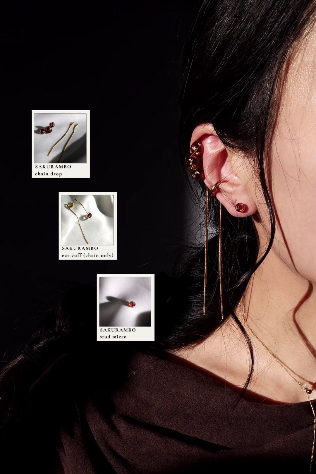 Model wearing a 6mm stud in dark cherry, SAKURAMBO micro drop, paired with gold chain ear cuff, SAKURAMBO chain ear cuff, and orb drop in dark cherry, SAKURAMBO drop, on the helix.