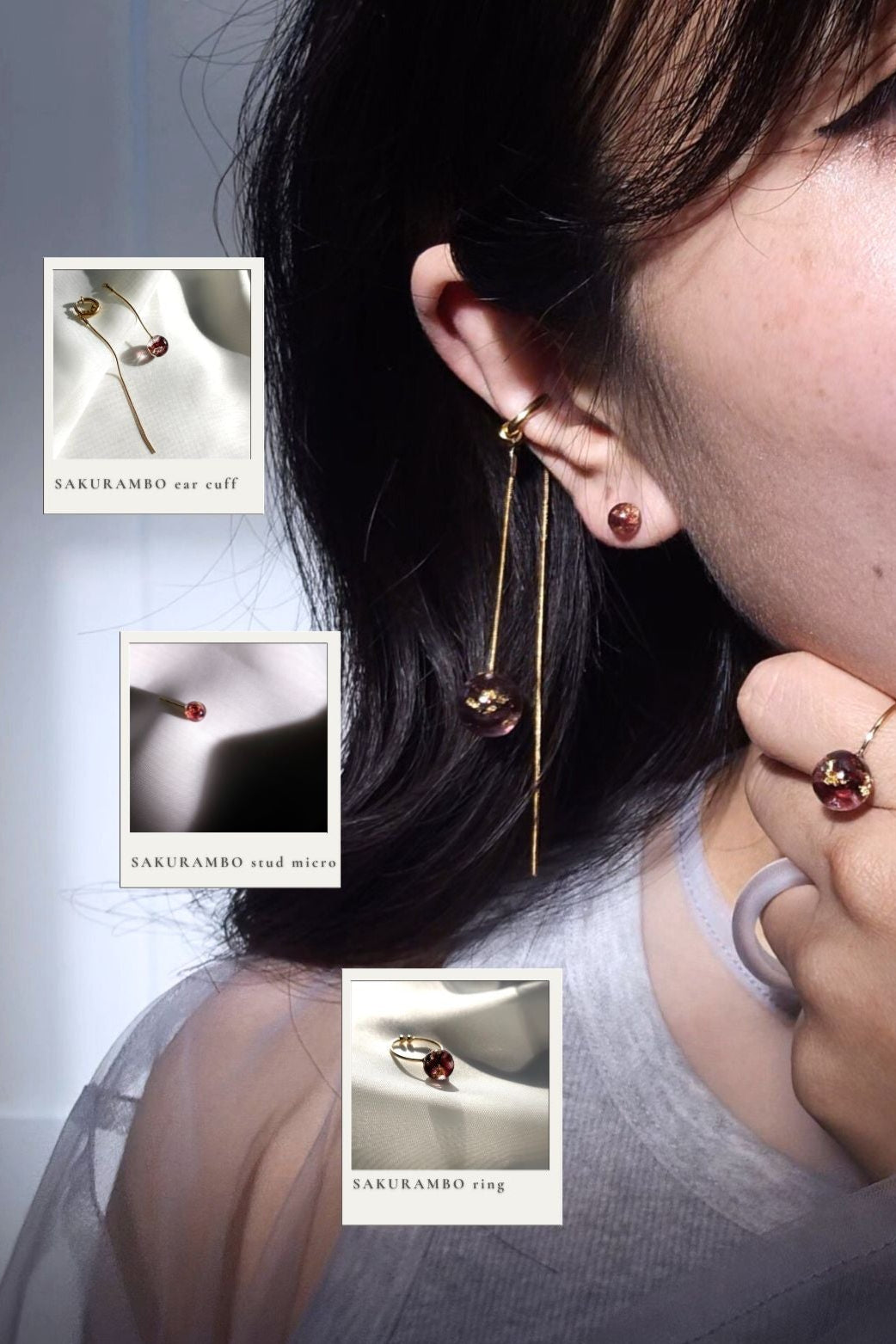 Model wearing SAKURAMBO chain ear cuff in dark cherry red with detachable chain, styled on right ear, with SAKURAMBI micro stud in the same tone.