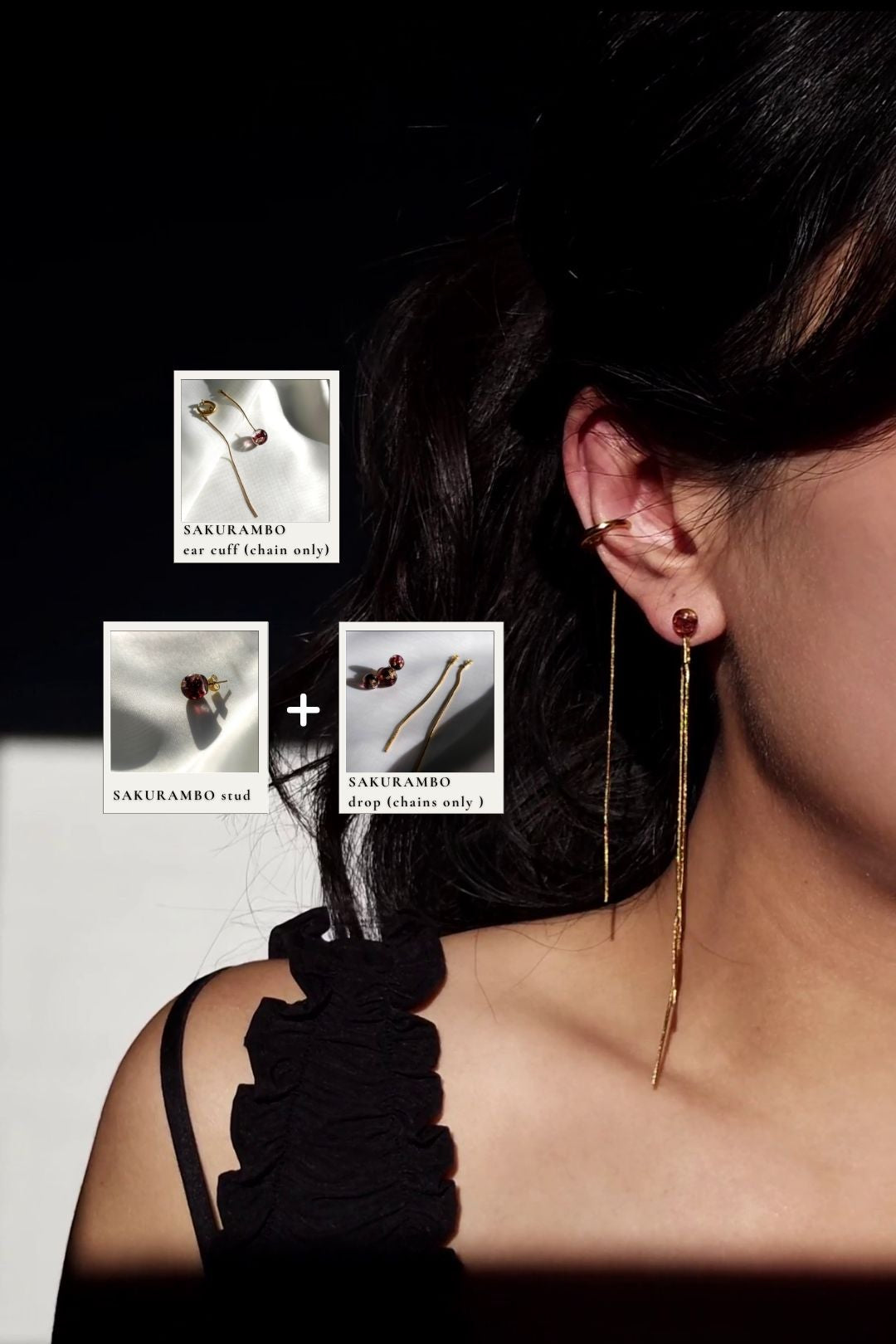 Model wearing gold chain ear cuff, SAKURAMBO chain ear cuff with a 6mm stud in dark cherry, SAKURAMBO micro stud, paired with 2 snake chains from SAKURAMBO drop.