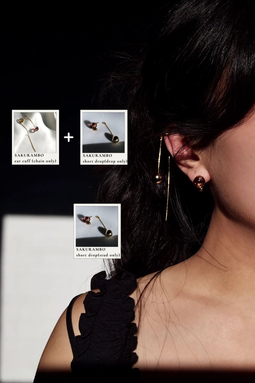 Model wearing only the stud part of short orb drop in dark cherry, SAKURAMBO short drop, paired with gold chain ear cuff with dark cherry orb, SAKURAMBO chain ear cuff on the helix.