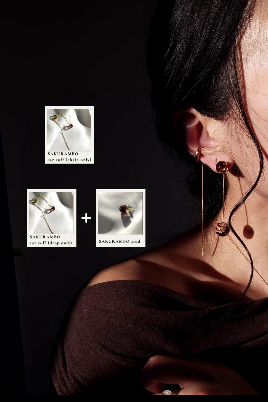 Model wearing short orb drop in dark cherry, SAKURAMBO short drop, paired with gold chain ear cuff, SAKURAMBO ear cuff.