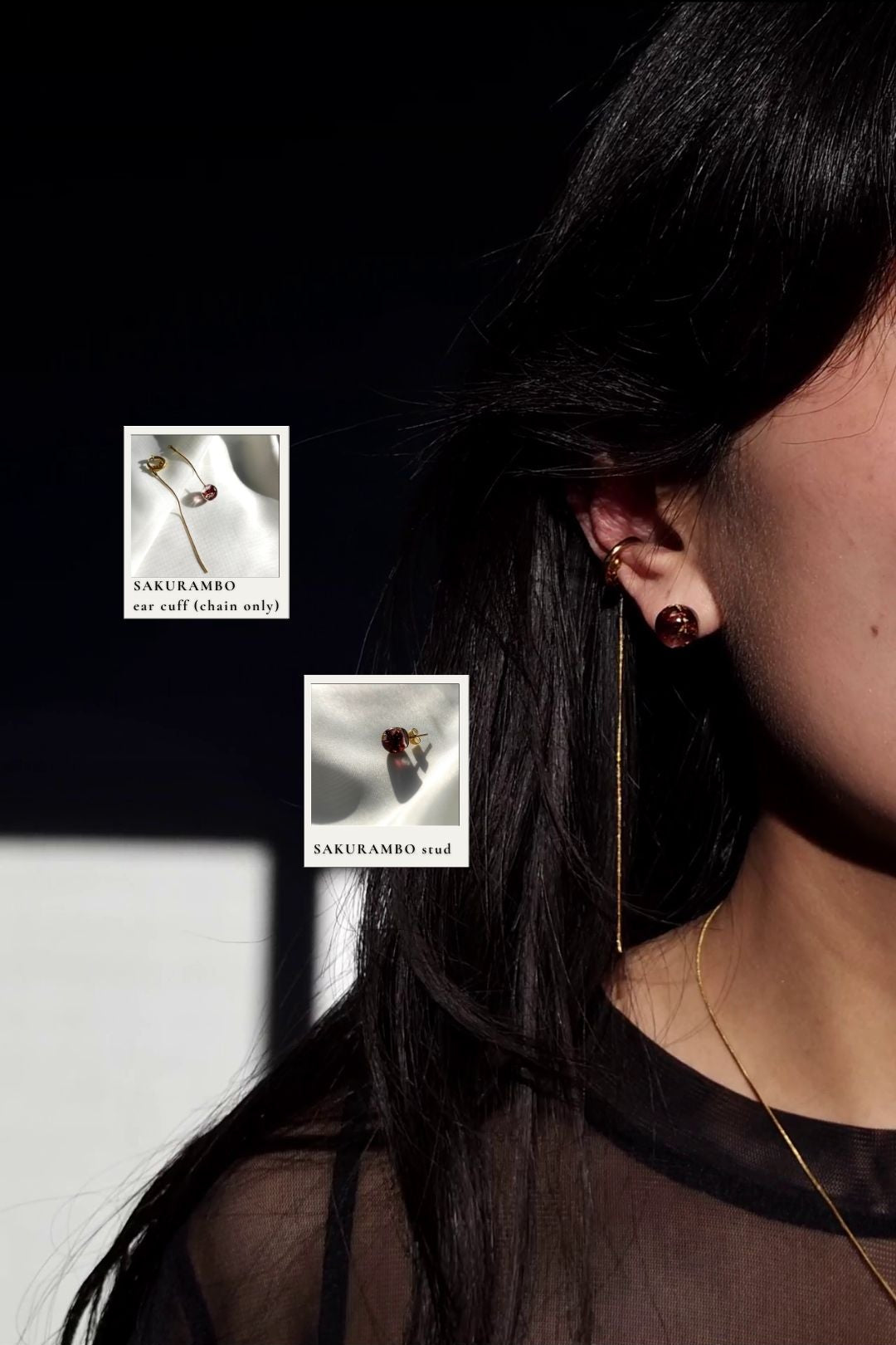 Model wearing gold chain ear cuff, SAKURAMBO chain ear cuff, paired with a 10mm orb stud in dark cherry, SAKURAMBO stud.