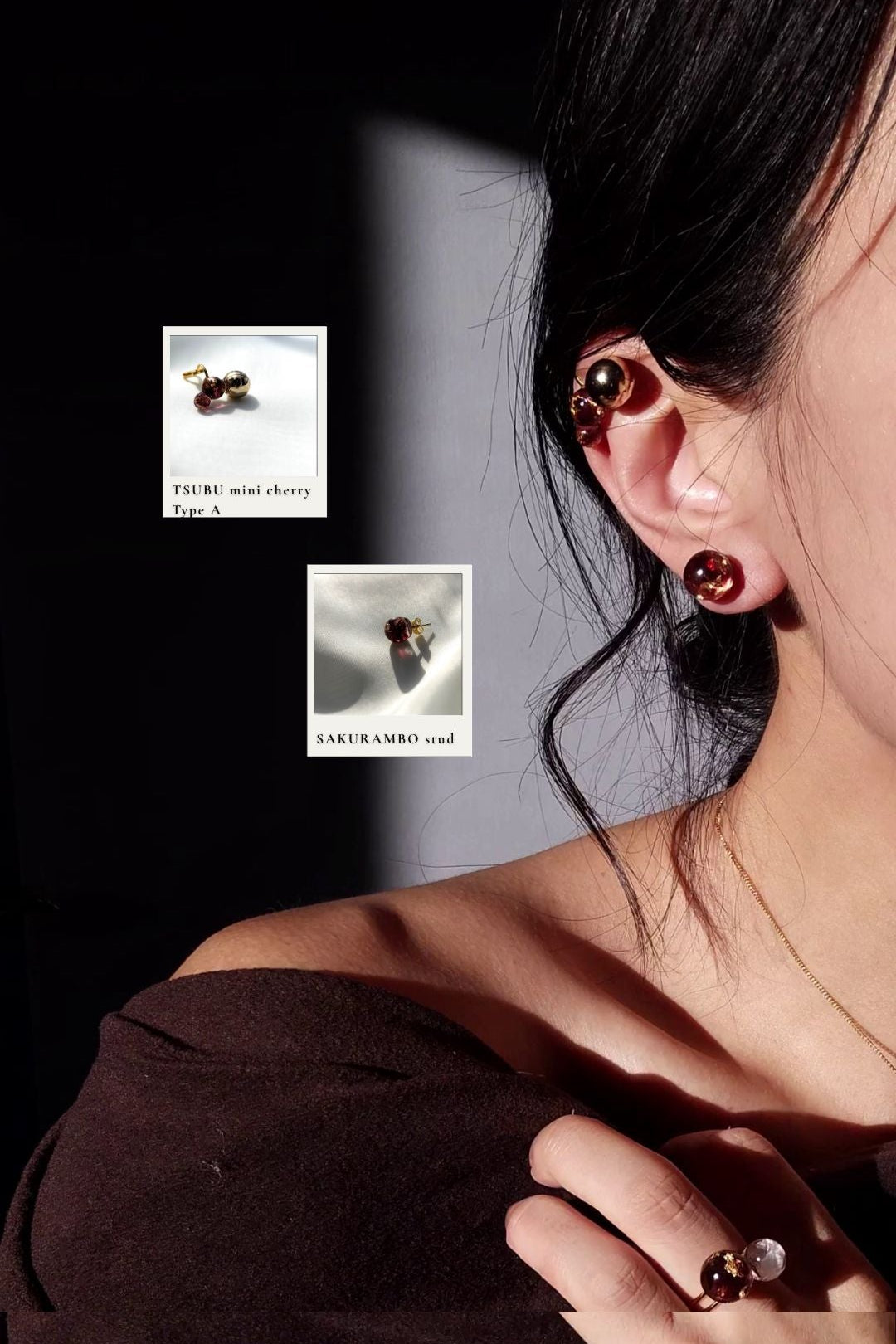 Model wearing a 10mm stud in dark cherry, SAKURAMBO stud, with orb ear cuff in gold and dark cherry, TSUBU mini cherry, on the helix.