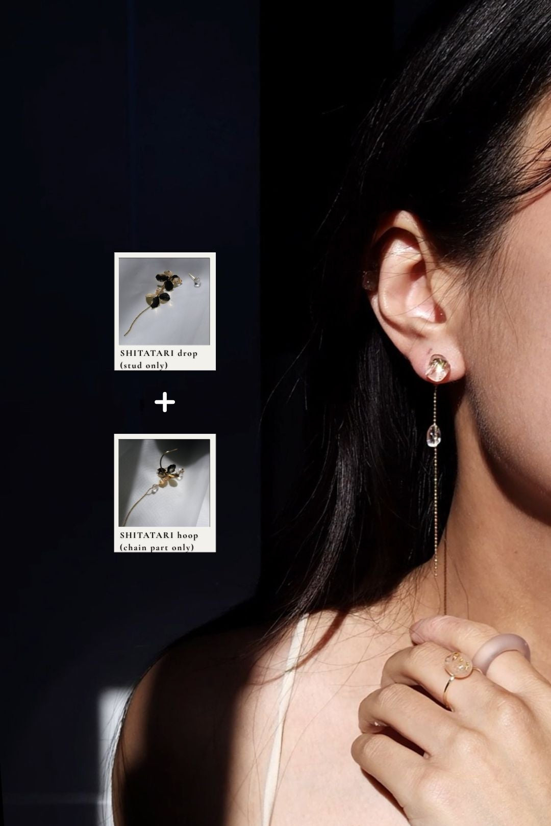 Model wearing a gold chain drop earrings, combination pf parts from SHITTARI drop and SHITATARI hoop in gold.