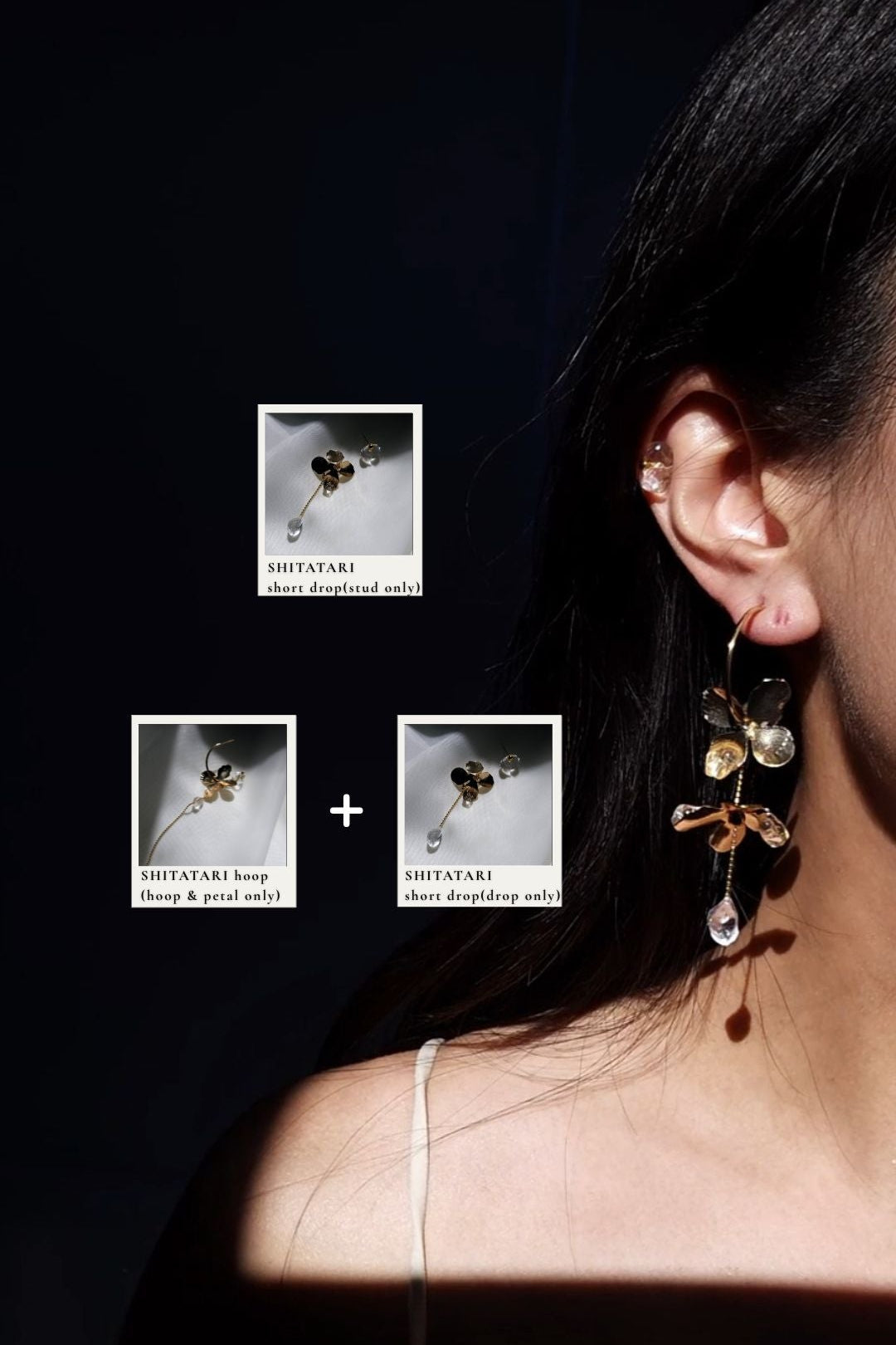 Model wearing clear stud from a short floral drop earring, SHITATARI short drop, on helix, paired with gold floral hoop earring, SHITATARI hoop, with a drop part from short floral drop, SHITATARI short drop.