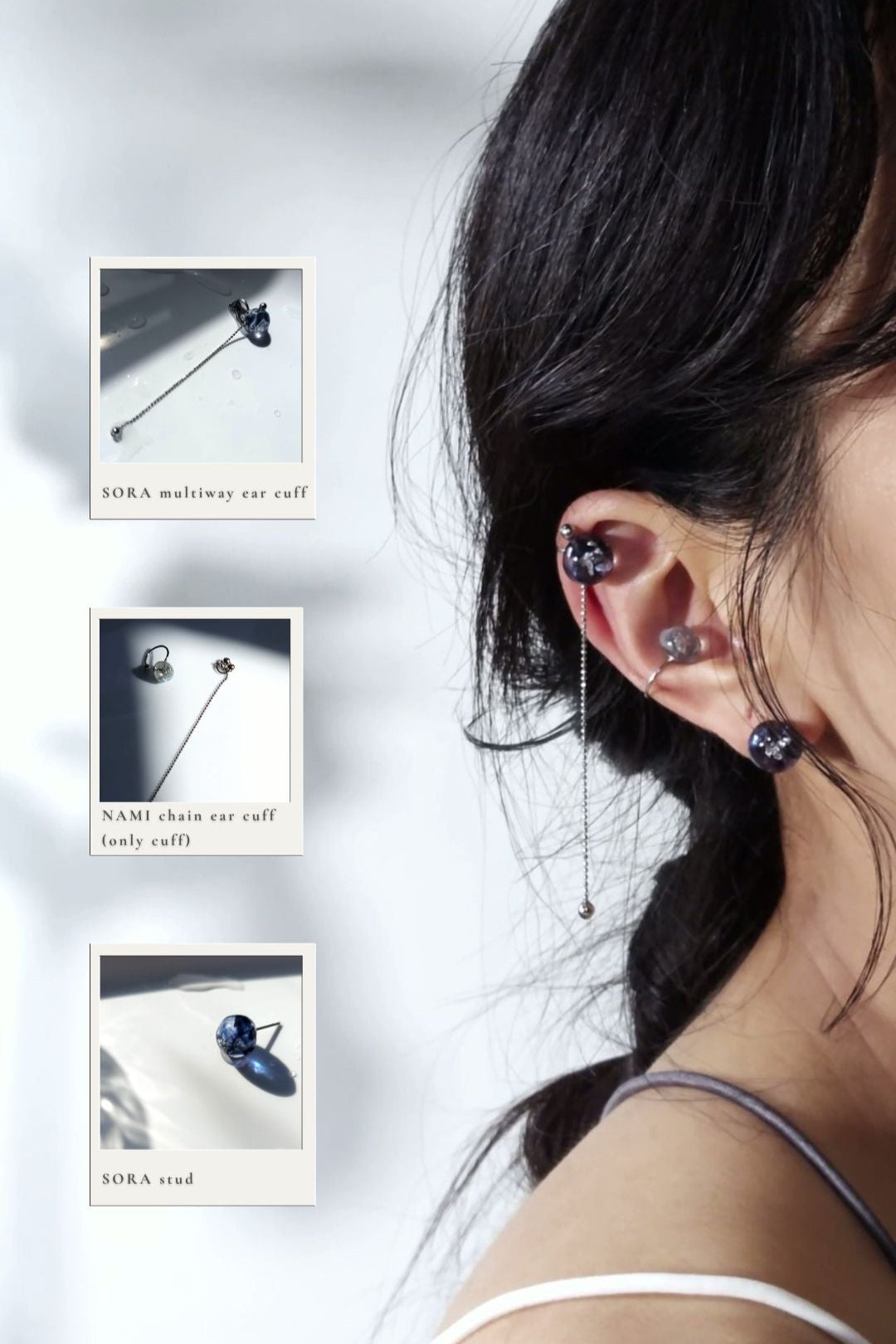 Model wearing NAMI chain ear cuff on cartilage and SORA stud and multiway chain ear cuff, featuring hand-blended blue orbs.