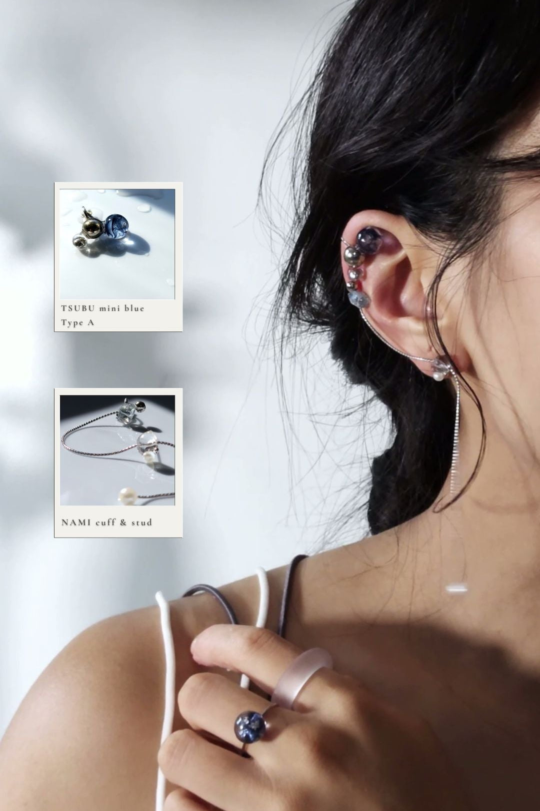 Model wearing TSUBU mini blue blimber on helix with NAMI cuff & stud.