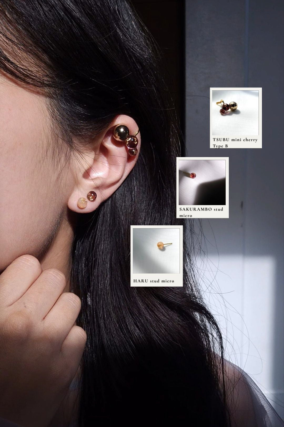Close-up of a person wearing TSUBU mini dark cherry on the helix with micro studs from SAKURAMBO dark cherry series and HARU orange series