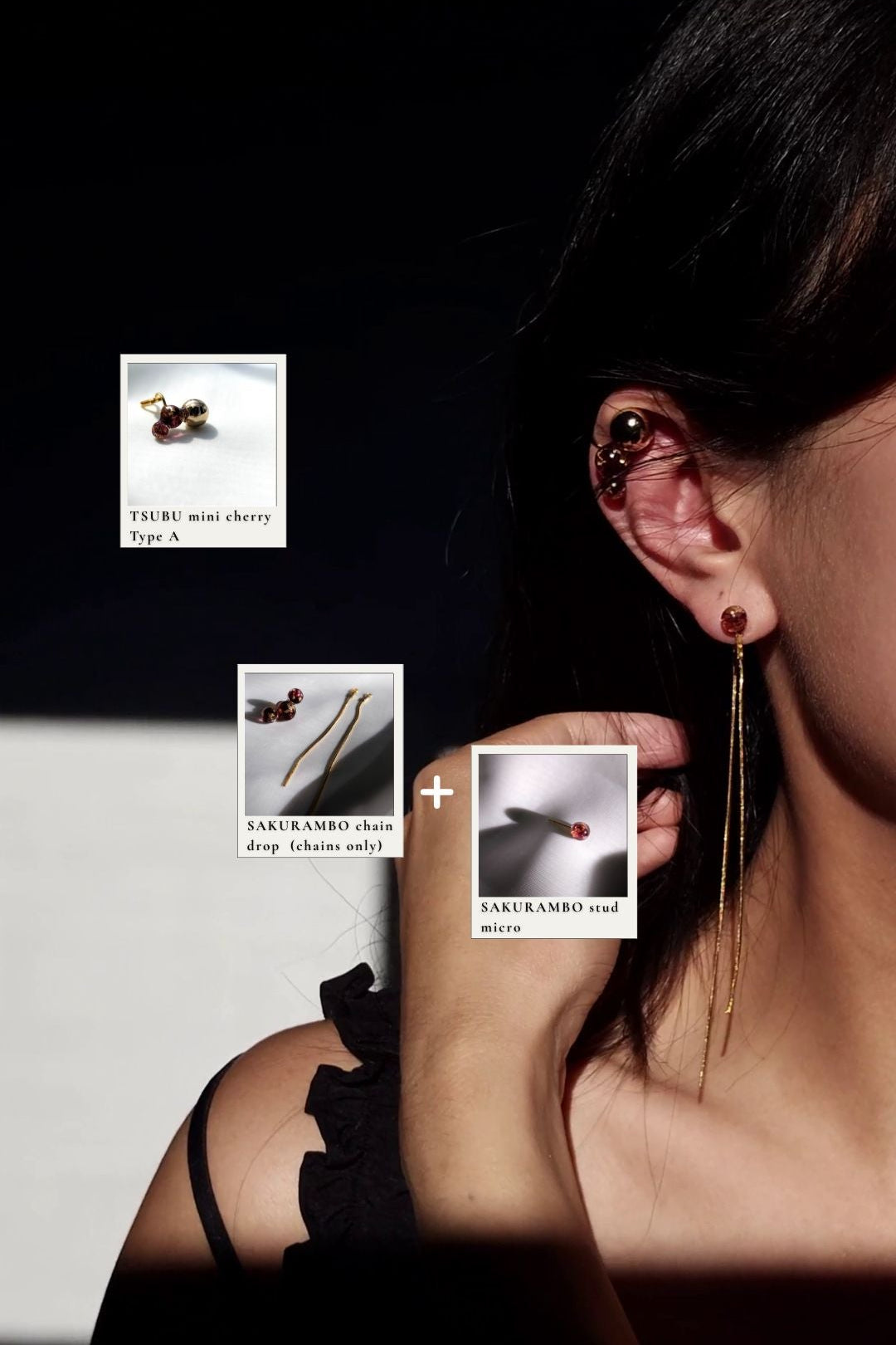 Model wearing an orb ear cuff in dark cherry, TSUBU mini cherry, on helix earrings with a 6mm stud in dark cherry, paired with 2 long snake chains from the SAKURAMBO series.