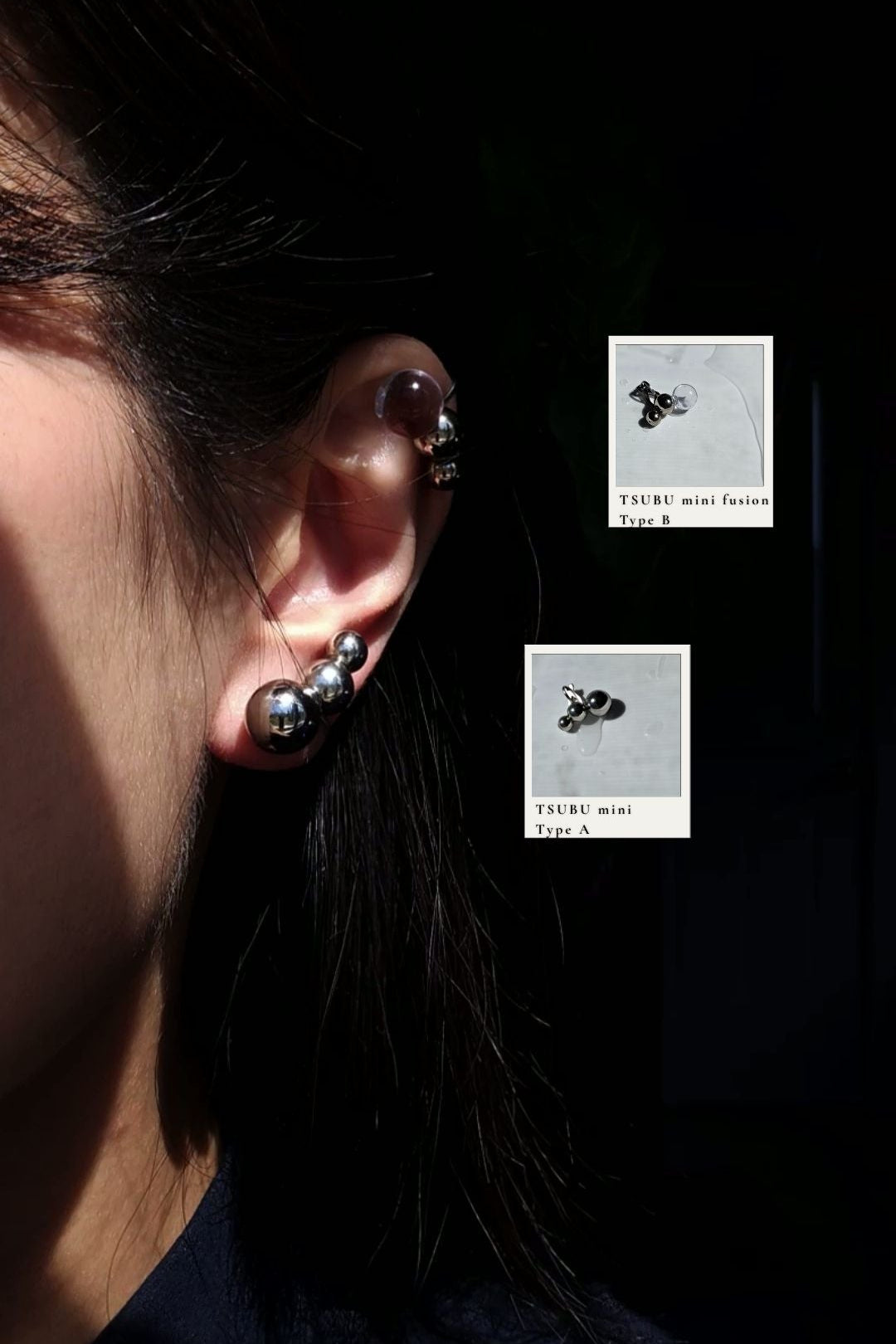 Person wearing TSUBU mini fusion Type B on helix with TSUBU mini silver Type A on the earlobe