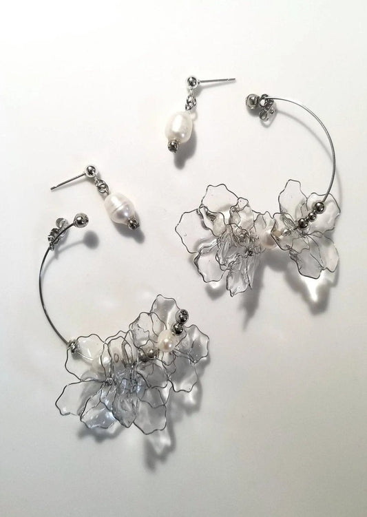 Ginka Clear Resin Petal & Freshwater Pearl Floral Earrings Front