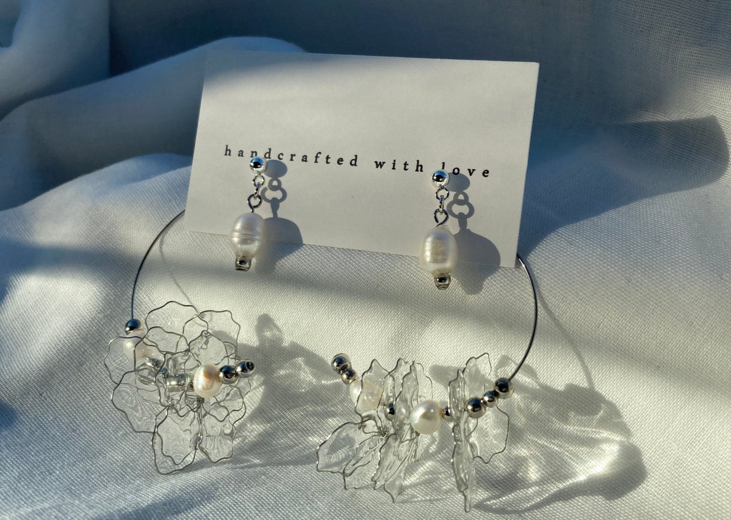 Ginka Clear Resin Petal & Freshwater Pearl Floral Earrings with Tag2