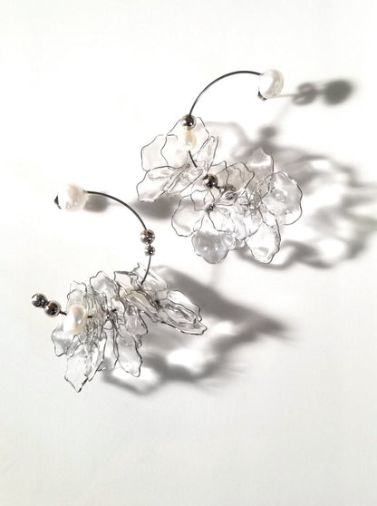 Rokka Clear Resin Petal & Freshwater Pearl Floral Earrings Front2