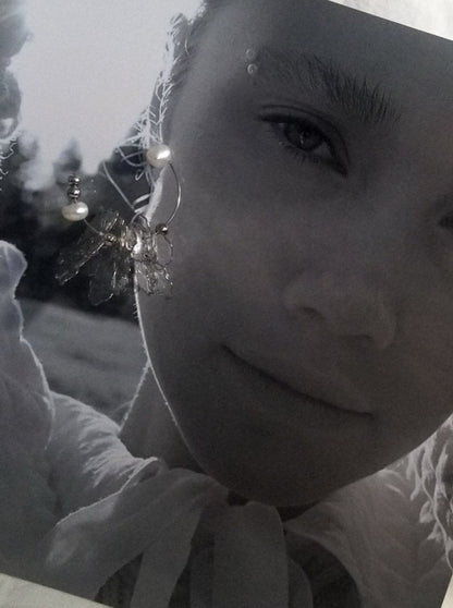 Rokka Clear Resin Petal & Freshwater Pearl Floral Earrings on Model2